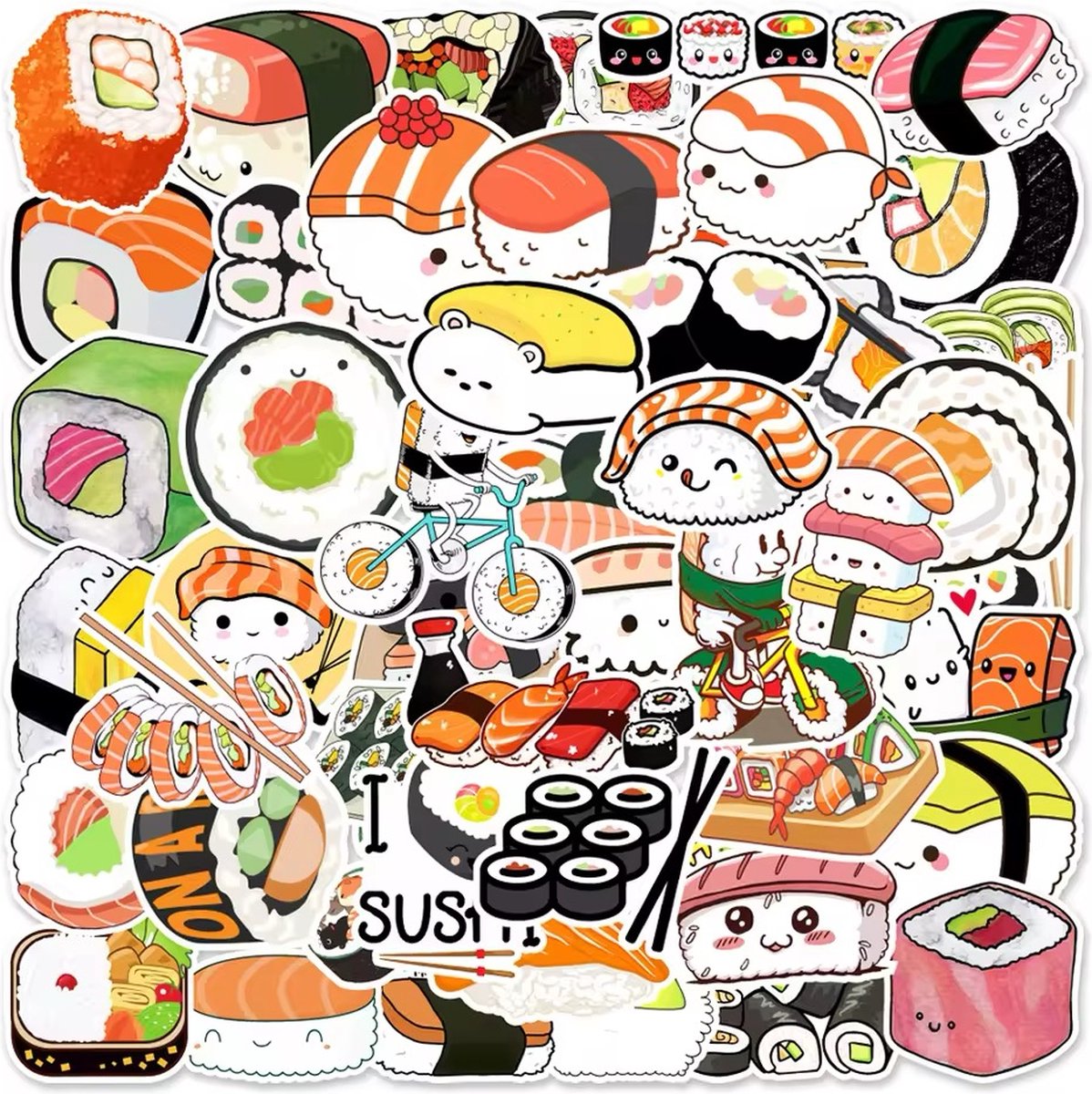 Sushi Stickers - Set van 50 Stuks - Eten - Food - Japans Eten - Chopsticks - Stickers voor Laptop, Koffer, Bullet Journal en Planner - Stickers Kinderen en Volwassenen - Decoratieve Stickers - Creatief - Knutselen - Scrapbook